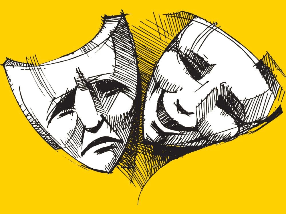 Theatre masks of comedy and tragedy on a yellow background