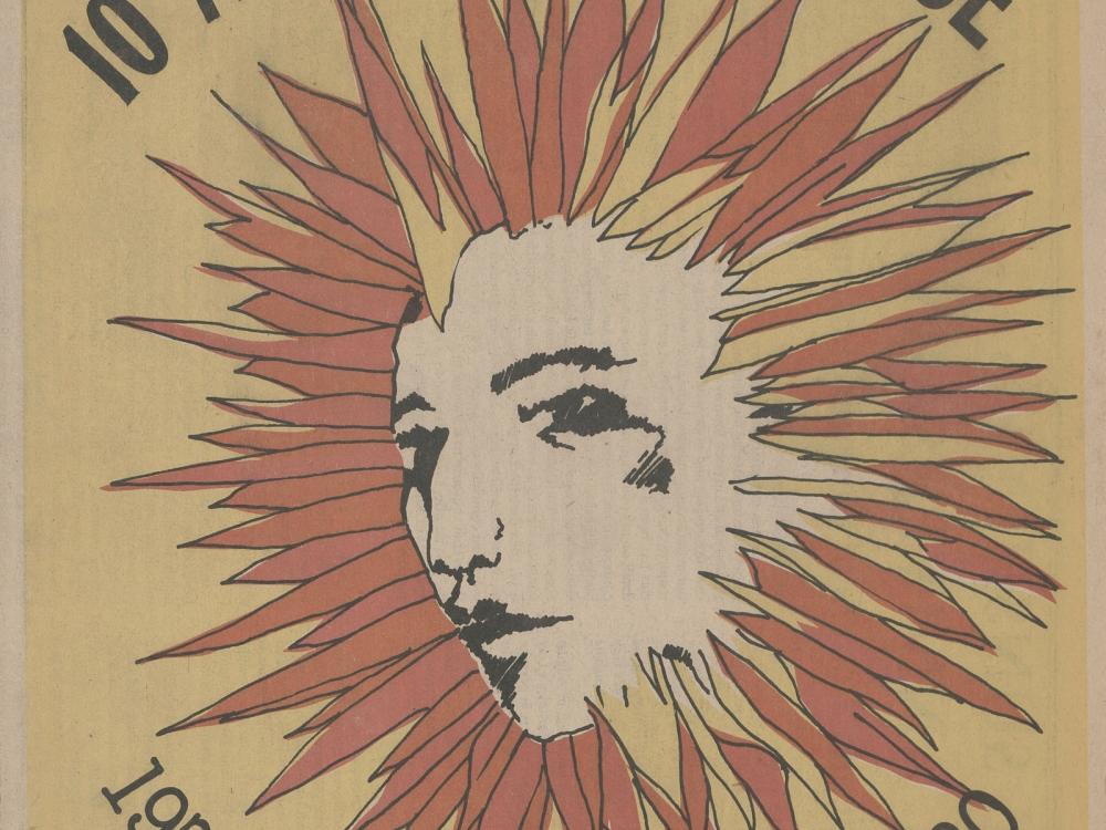 cover art from Gay Sunshine periodical, face encircled with sunshine rays