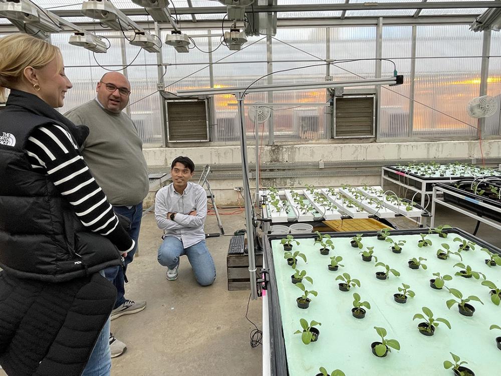 Three people in a greenhouse