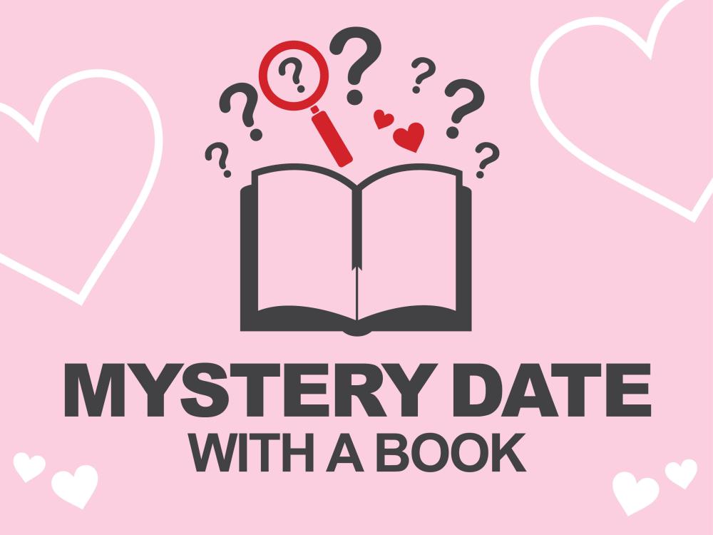 Mystery date with a book graphic, book open with hears and question mark above the book with the text "Mystery Date With a Book" below it.