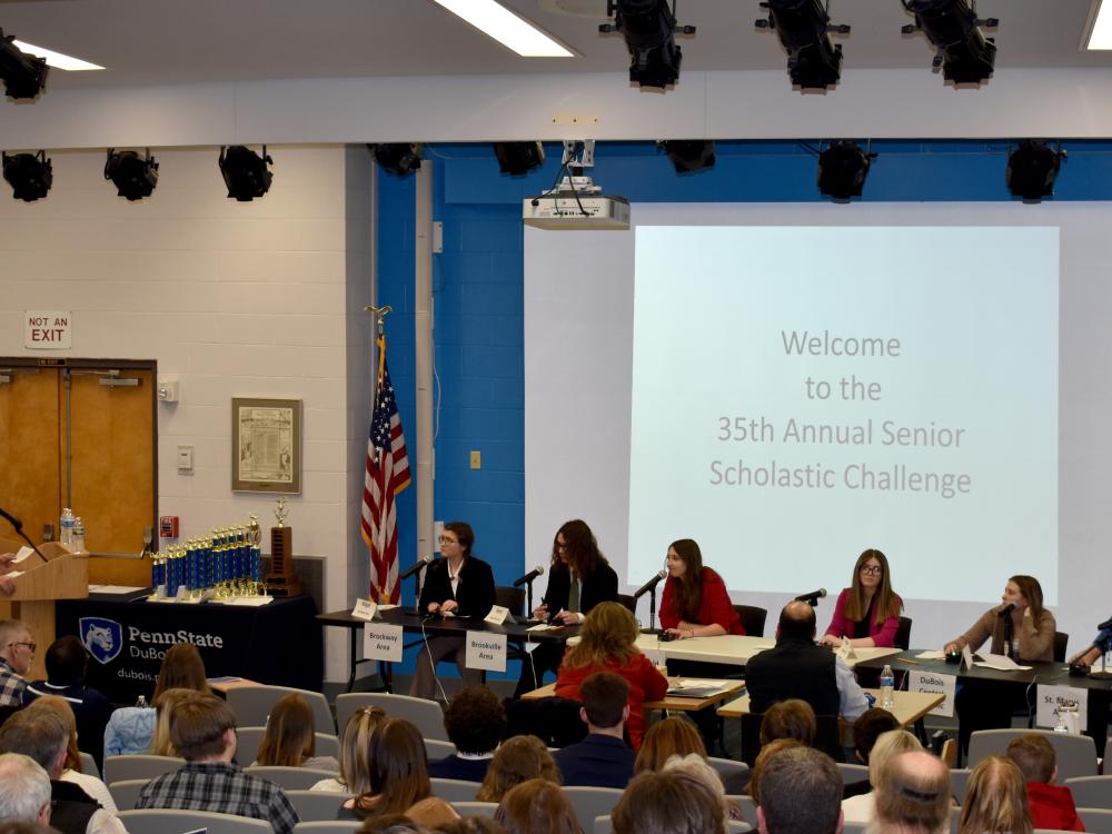 Participants prepare to answer questions during their preliminary round during the senior scholastic challenge in the Hiller Auditorium at Penn State DuBois.