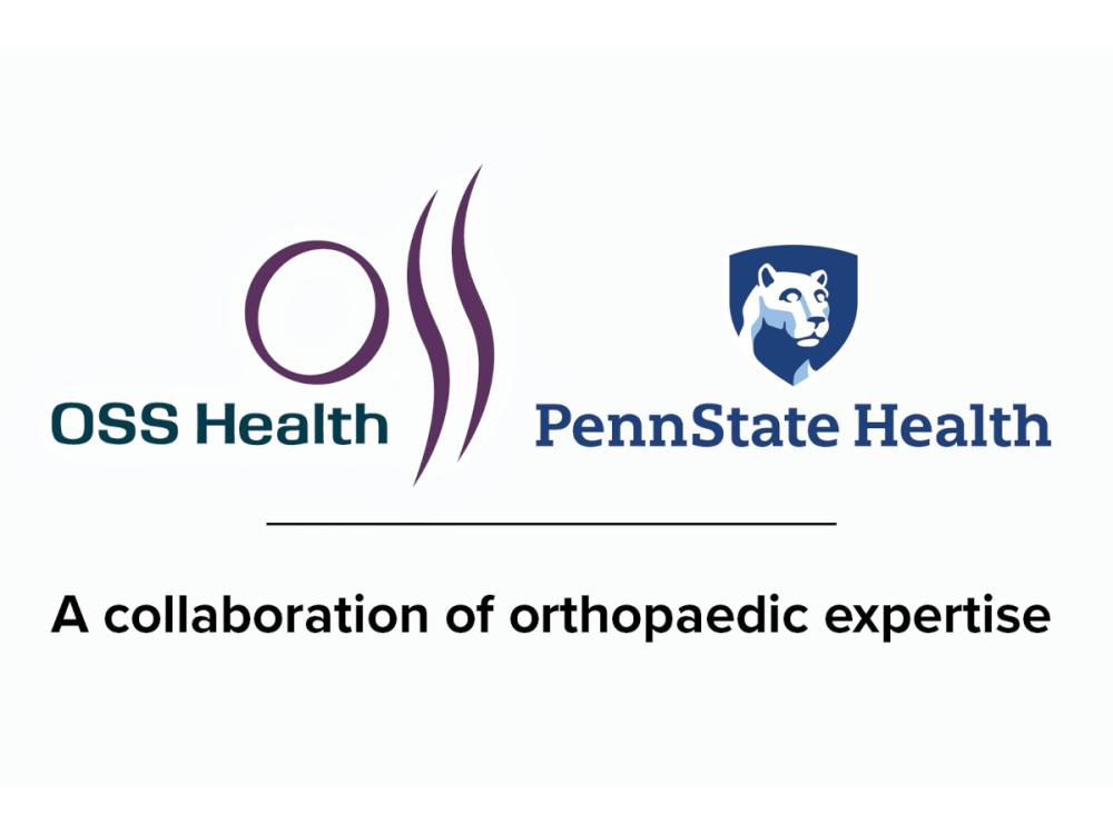 Logos for OSS Health and Penn State Health are placed side-by-side. Below them is the phrase “A collaboration of orthopaedic expertise.”