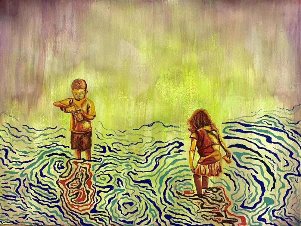 Artwork by Grace Brown depicting two children playing in the water.