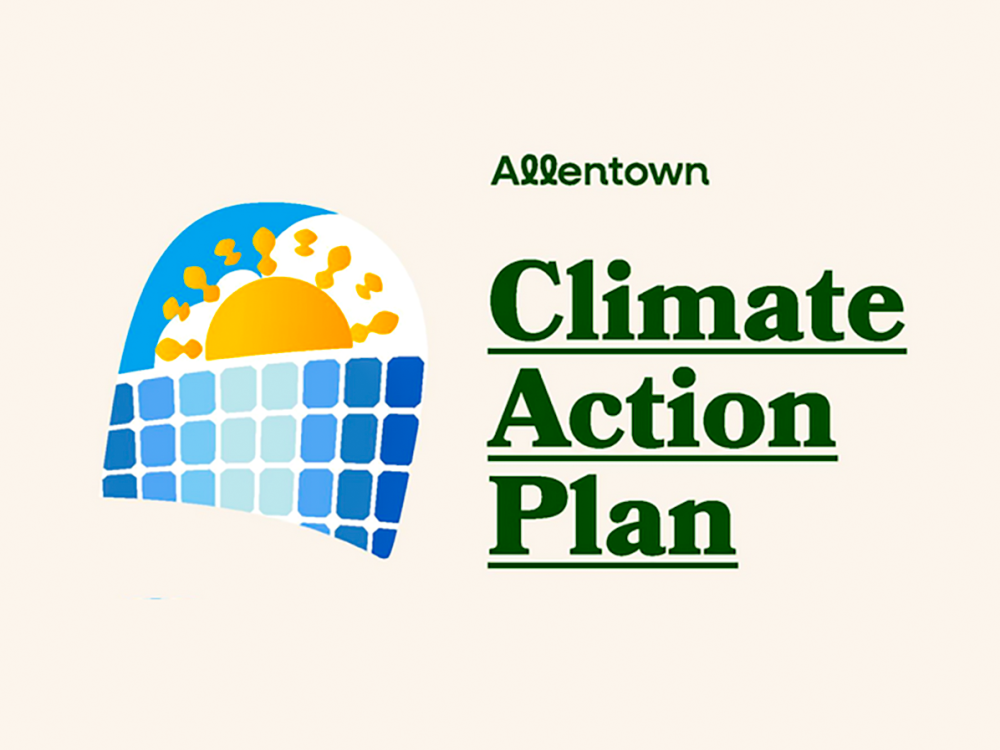 A graphic represenation of the sun rising over solar panels and the words Allentown Climate Action Plan