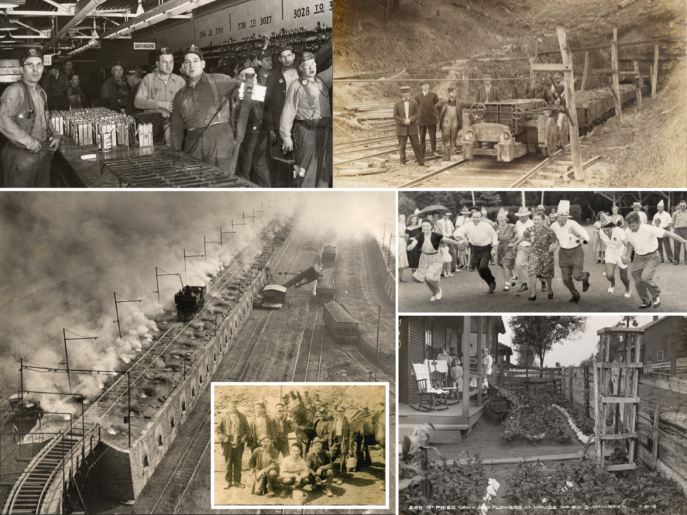 black and white historical images of railroad tracks with coal cars, workers in mining uniforms, miners' home and social life