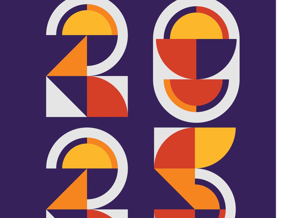 An exhibition poster in oranges and purples saying Graphic Design
