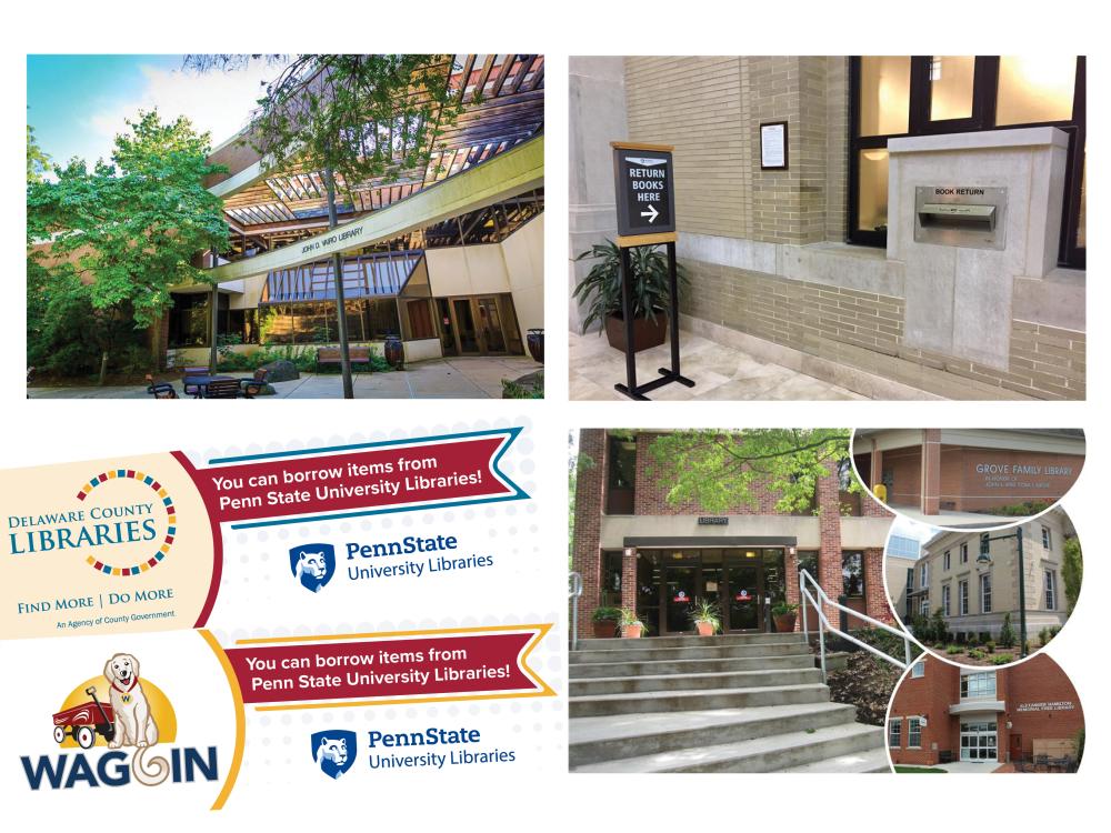 Four photos depict 3 campuses that have reciprocal agreements with their community libraries, as well as promotional materials for those agreements.