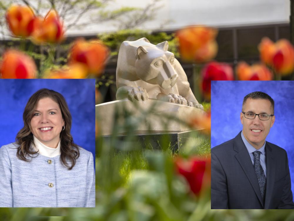Professional headshots of Betsy Thomas and Thomas Samson are superimposed over an image of a Nittany Lion statue surrounded by flowers in front of a windowed building.