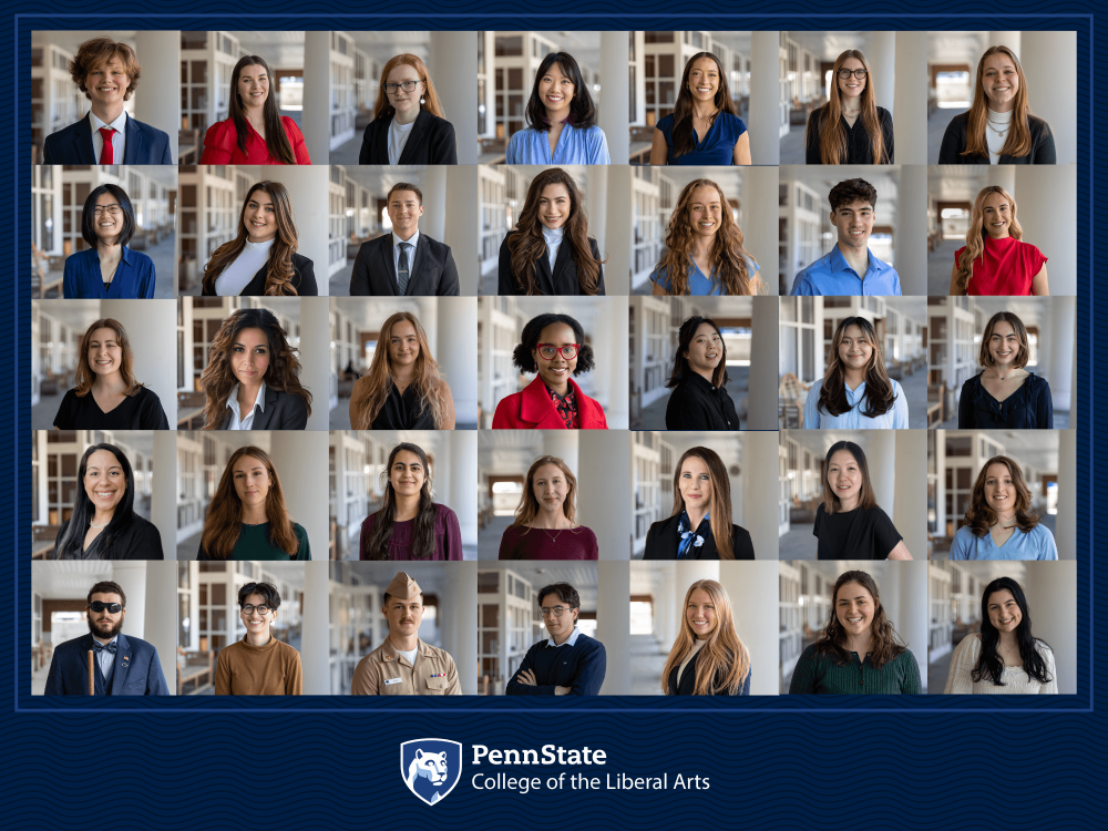 Headshots of the 35 Liberal Arts major marshals selected to represent the College of the Liberal Arts at spring 2025 commencement
