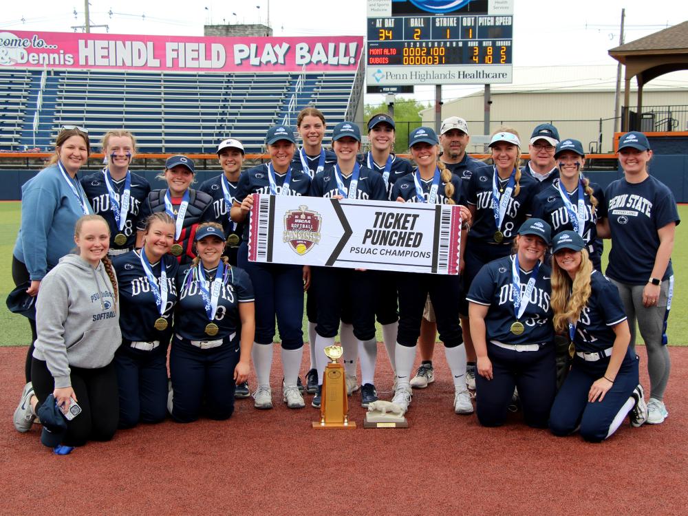 The Penn State DuBois softball team gathers for a team photo after winning the 2025 PSUAC championship, the first conference championship in program history.