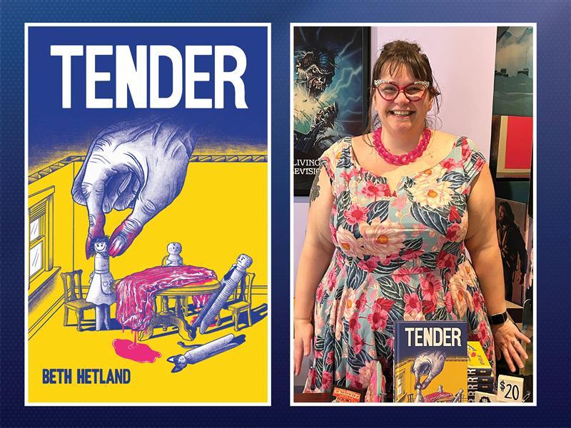 Tender, by Beth Hetland, cover art, and photo of Beth Hetland, a woman wearing a flowered dress,smiling into the camera