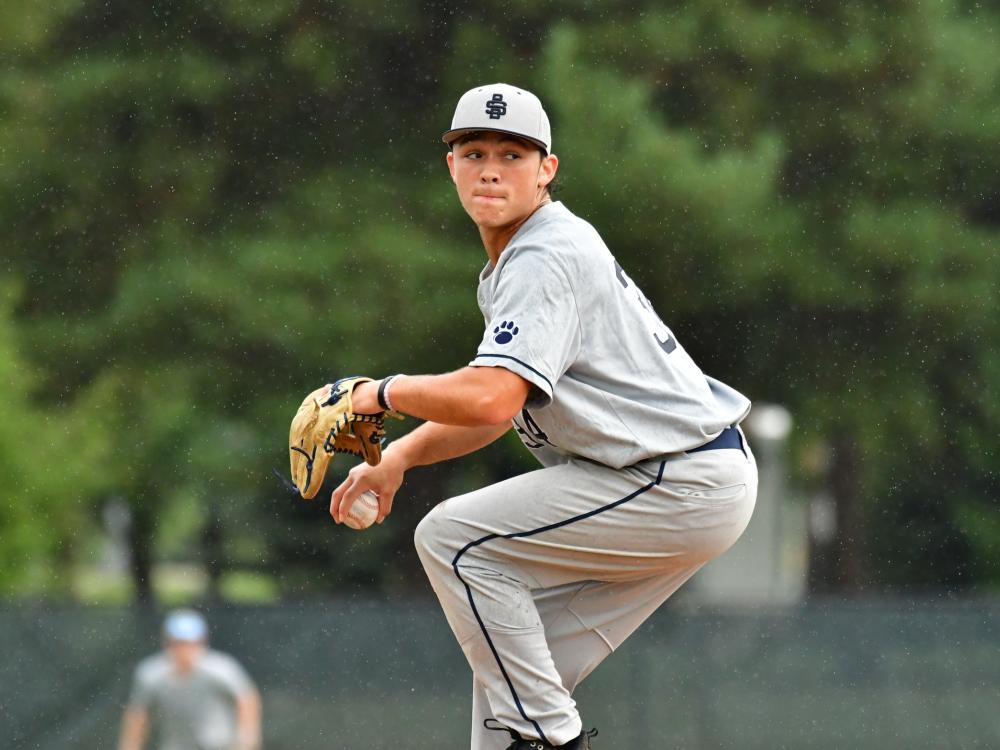A pitcher for the Penn State Behrend baseball team prepares to throw the ball.