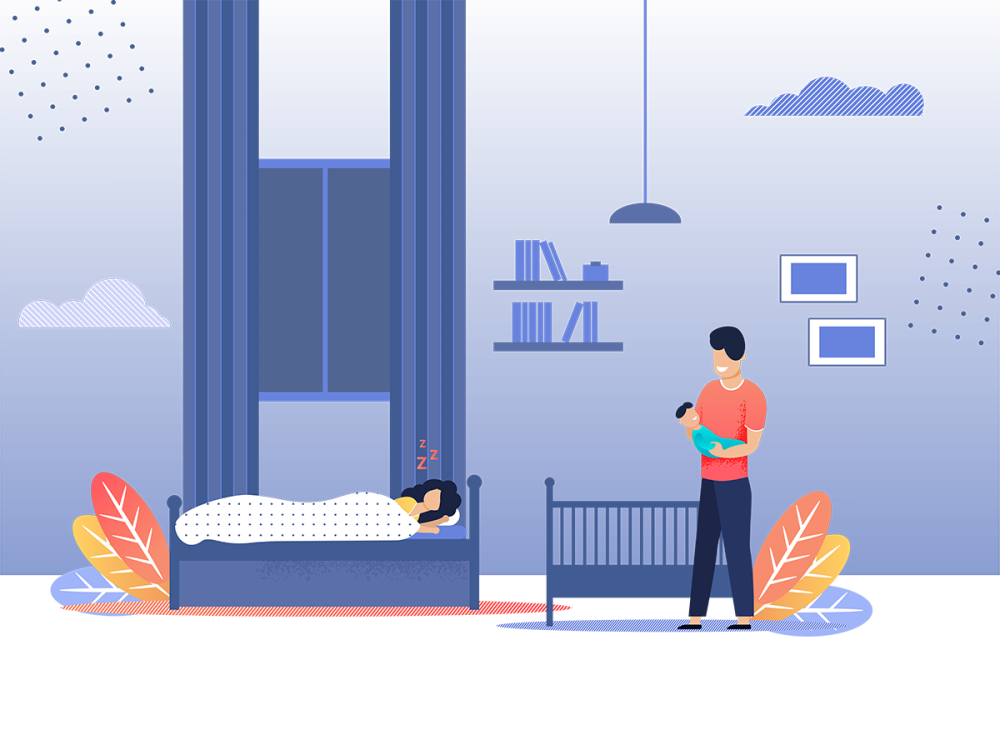 Illustration: A tired mom sleeps on a bed next to a happy father holding a child.