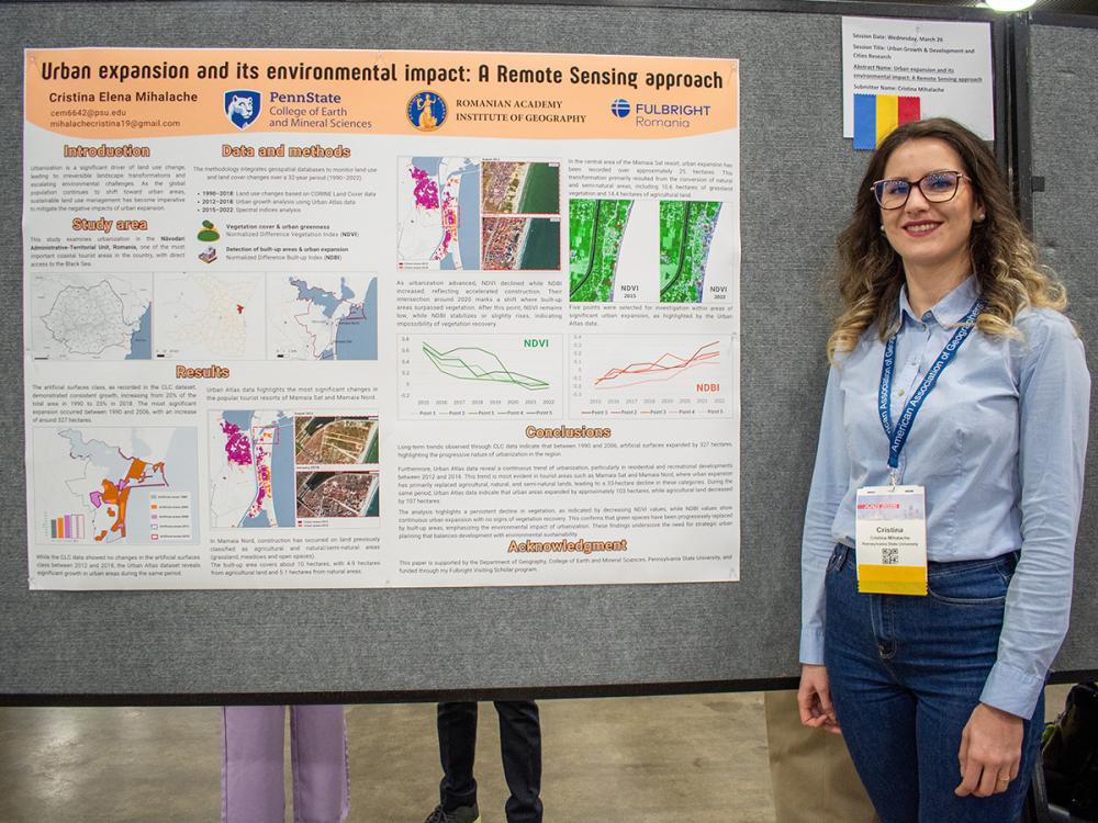 Cristina Elena Mihalache presents her research poster at the AAG conference