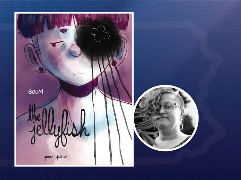Jellyfish, by Boum, cover art drawing and inset of author headshot, a black and white image