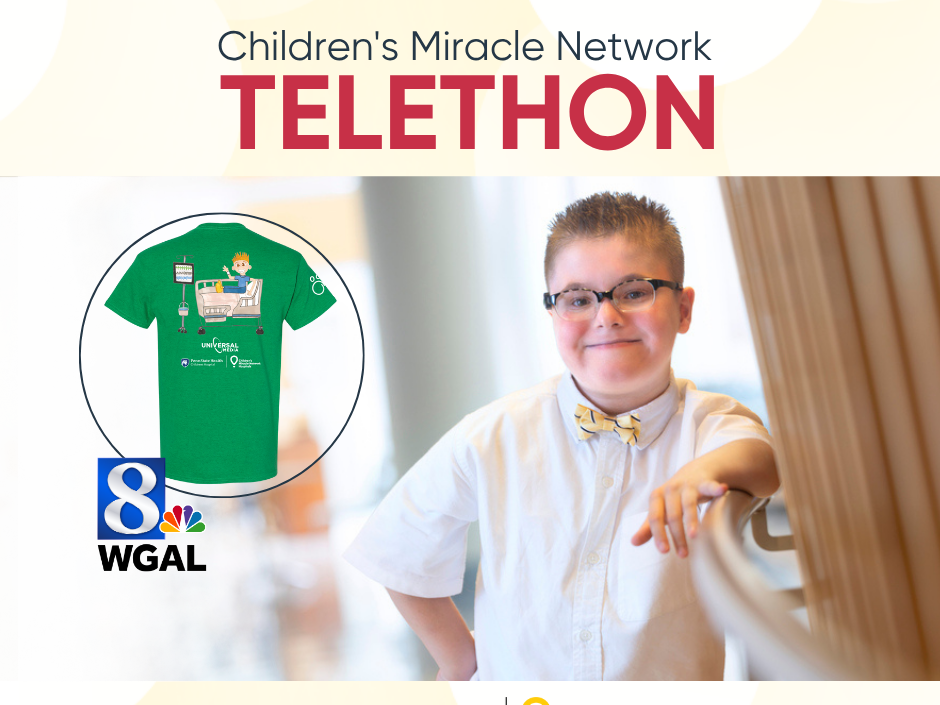 A graphic features a photo of Gannon Kupko beneath the words "Children's Miracle Network Telethon." His t-shirt design and the WGAL8 logo are also in the graphic.