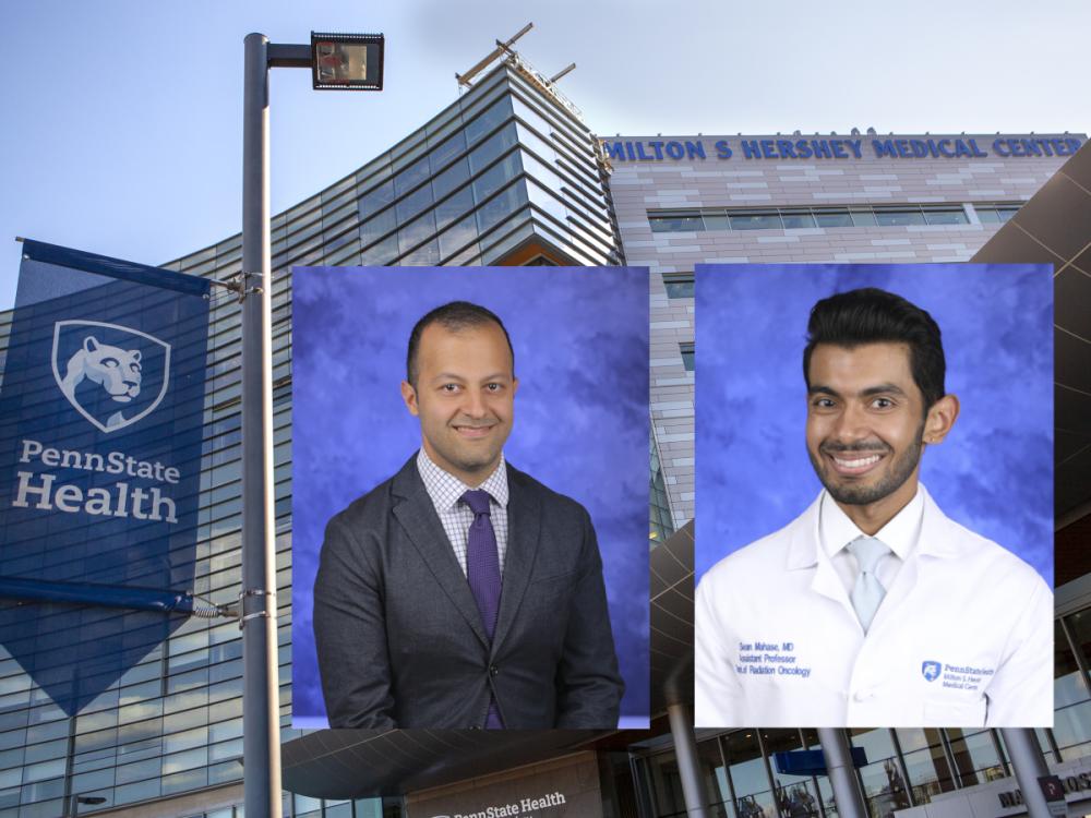 Composite image showing the exterior of Penn State Health Milton S. Hershey Medical Center with a Penn State Health banner on the left. Overlaid are professional portraits of Sean Mahase, MD, and Alireza Mansouri, MD.