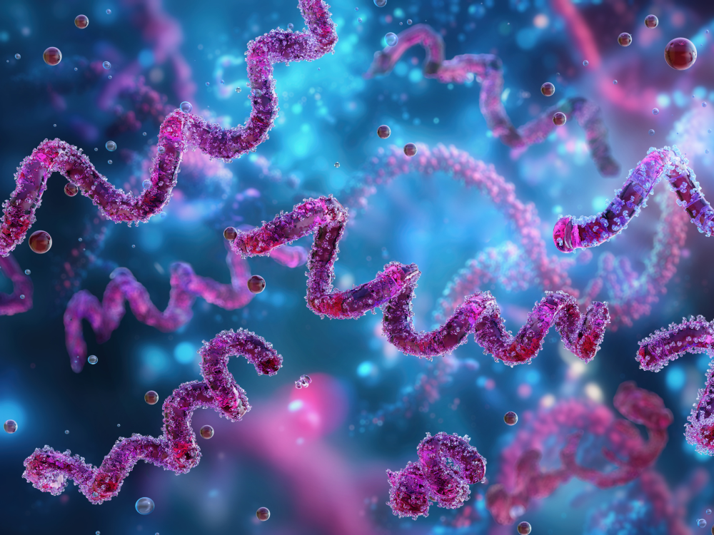 Illustration of purple corkscrew shapes on a blue background