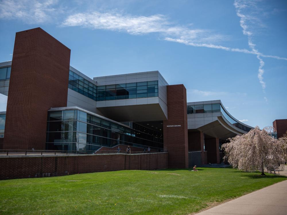 red brick and glass campus building with spring blossoms in foreground