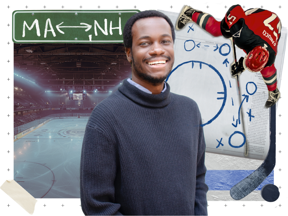 Collage featuring Aaron Bonsu and images of hockey and newspapers