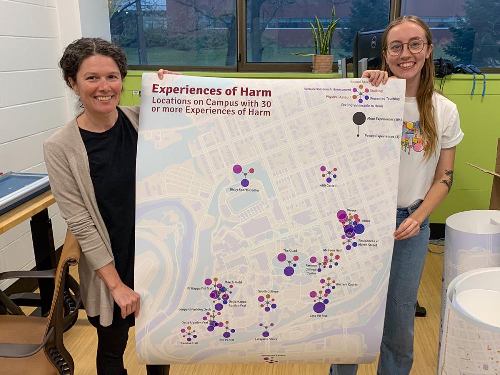 Dana Cuomo and Lily Houtman display a city map, part of their Harm Mapping Project to visualize gender-based violence on campus at Lafayette College.