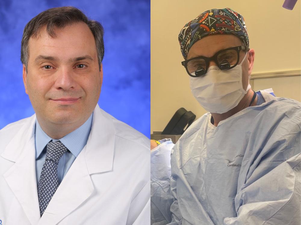 a man in a white lab cot and the same man in a surgeon's gown