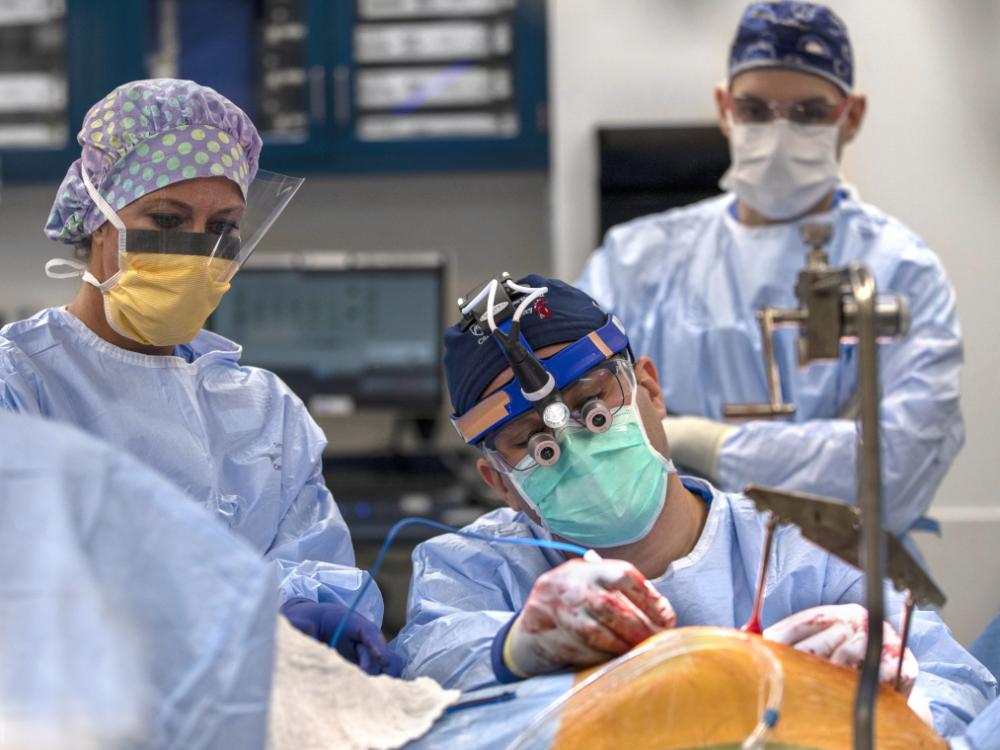 Three people in full surgical attire perform a complex procedure in an operating room. The central surgeon, wearing magnifying surgical loupes and a headlamp, focuses intently on the patient, whose body is draped in sterile coverings.