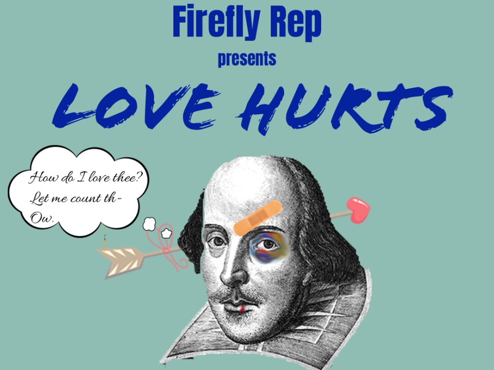 Funny depiction of Shakespeare with bruises and black eye and yelling Ouch