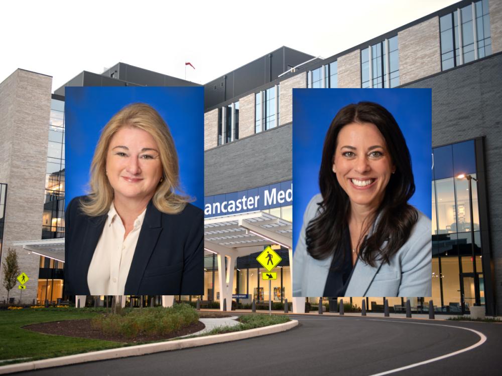 Photos of Angela Sonon and Valerie Ritter are superimposed over an external photo of Penn State Health Lancaster Medical Center.