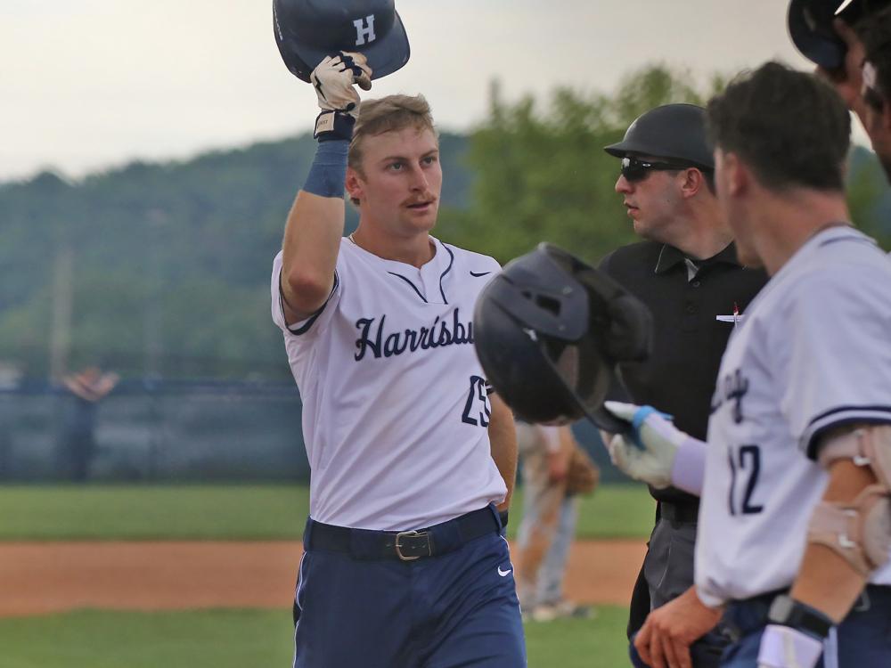 A baseball player celebrates during a game