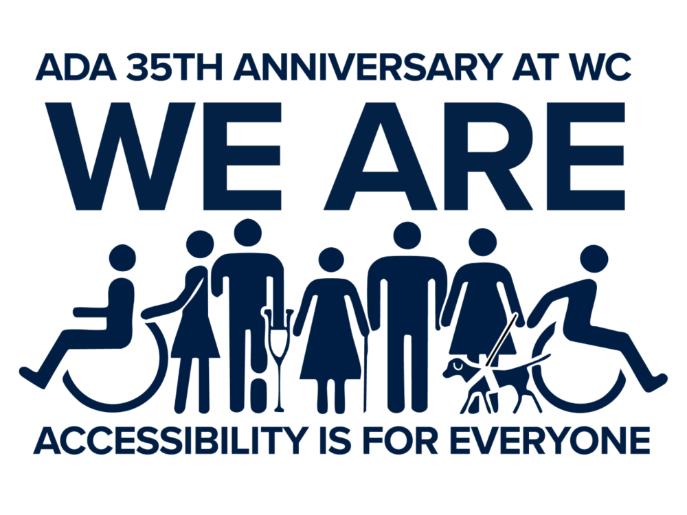 A graphic with illustrations of people including some using wheelchairs and walking aids. Blue Text on white background: "ADA 35th anniversary at WC. We Are. Accessibility is for everyone."