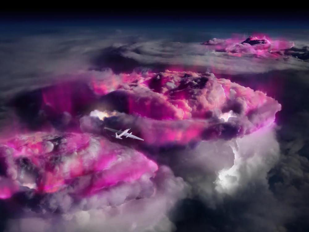 Purple thunderclouds and a spy plane are seen from below.
