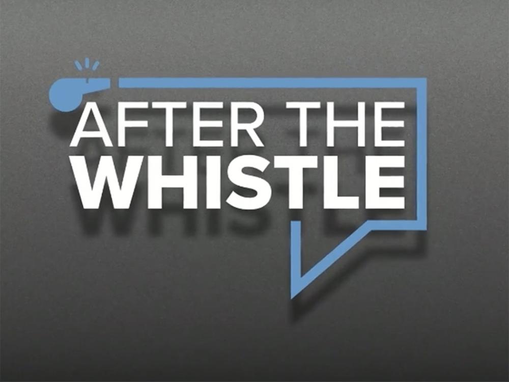Gray, logo with white text for the After the Whistle logo