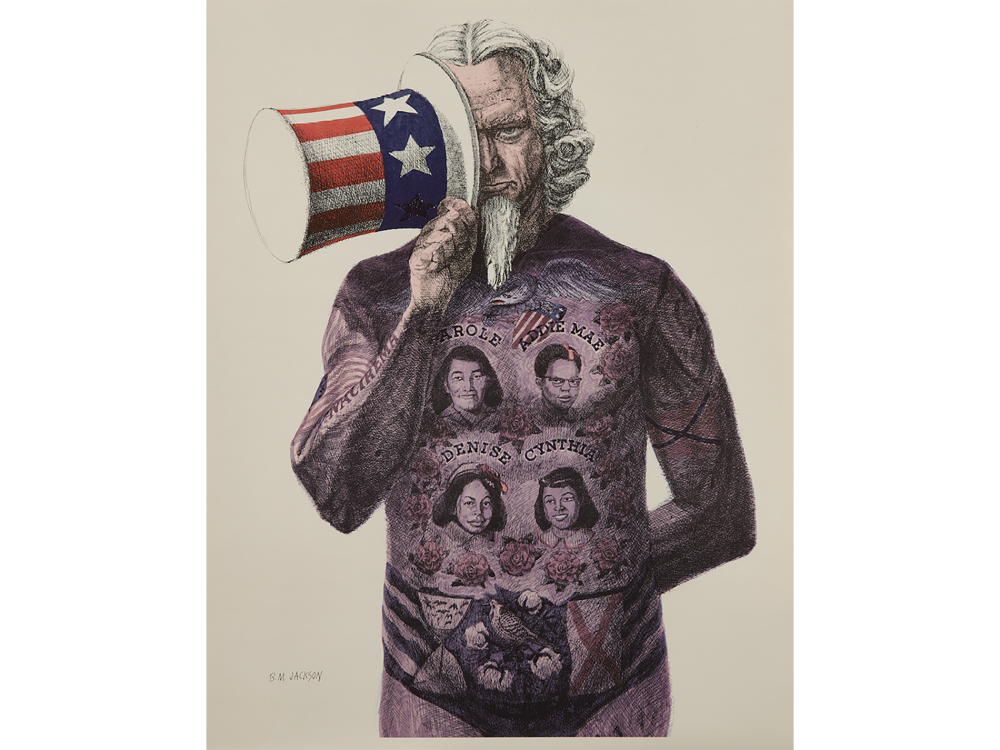An image of artwork portraying Uncle Sam covered in tattoos, made circa 1965 by artist Billy Morrow Jackson