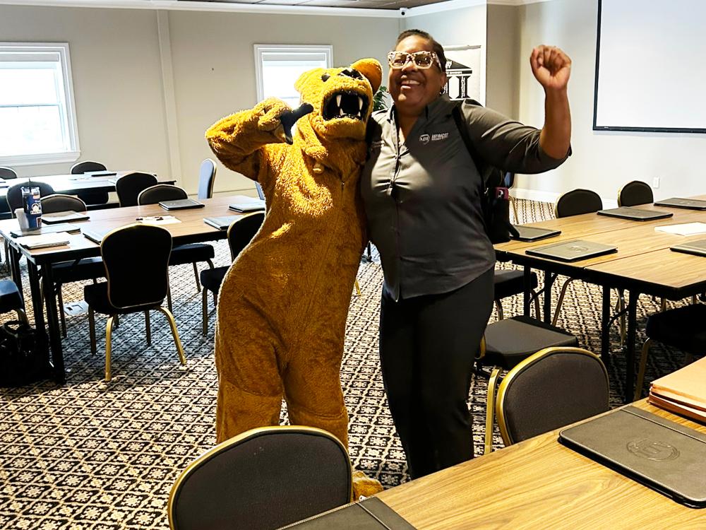 Penn State Dickinson Law Dean Danielle M. Conway with the Nittany Lion at the Mini Convening.