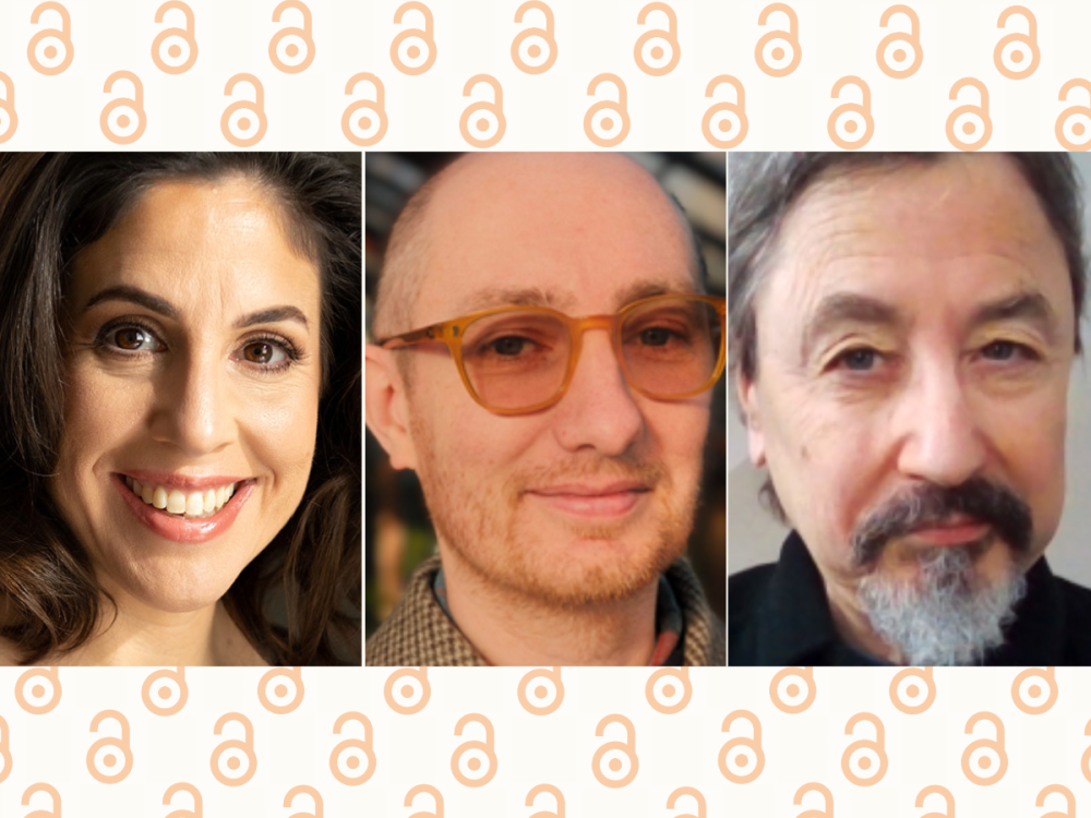 photo portraits of three people with open access lock icon as tiled background