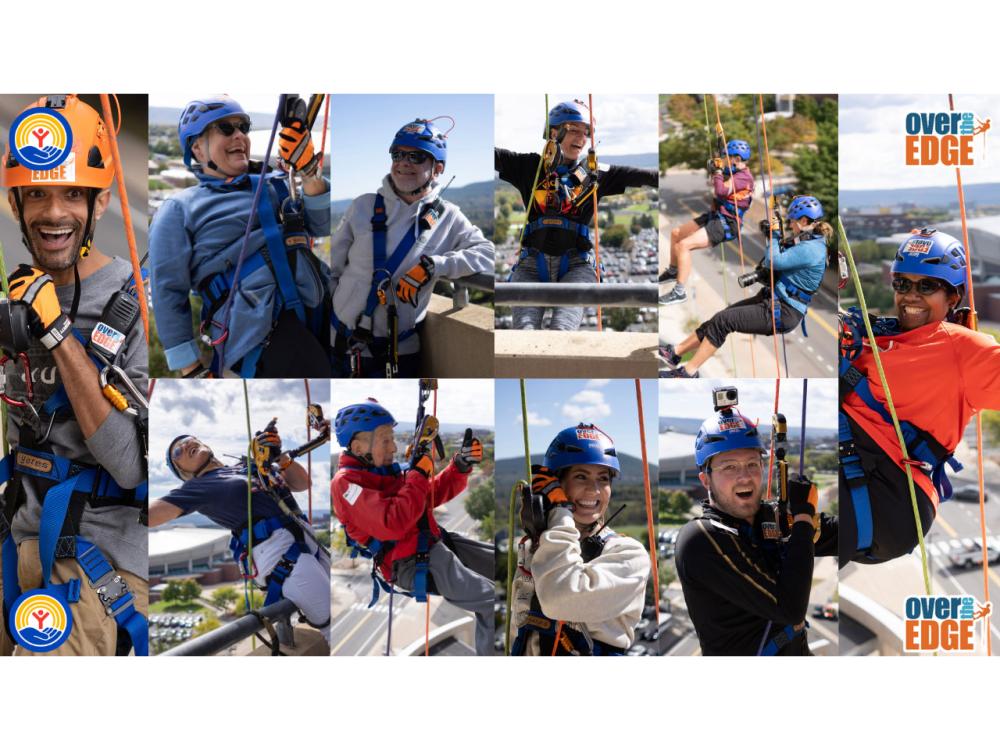 A collage of images of people going "Over the Edge" in rappelling gear and helmets, smiling at the camera.