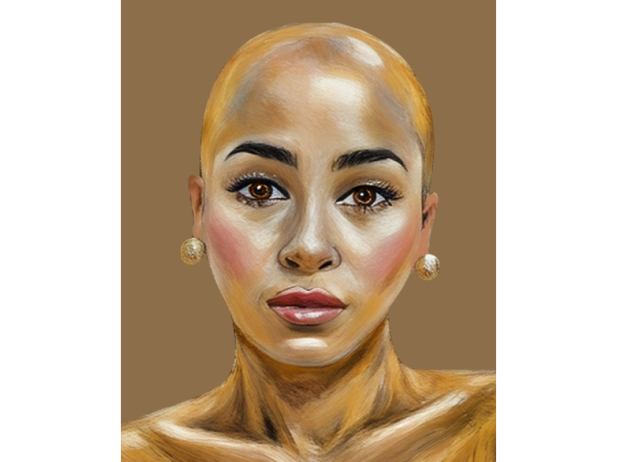 A portrait of a woman with alopecia that is part of the "Rooted in Resilience" art exhibit
