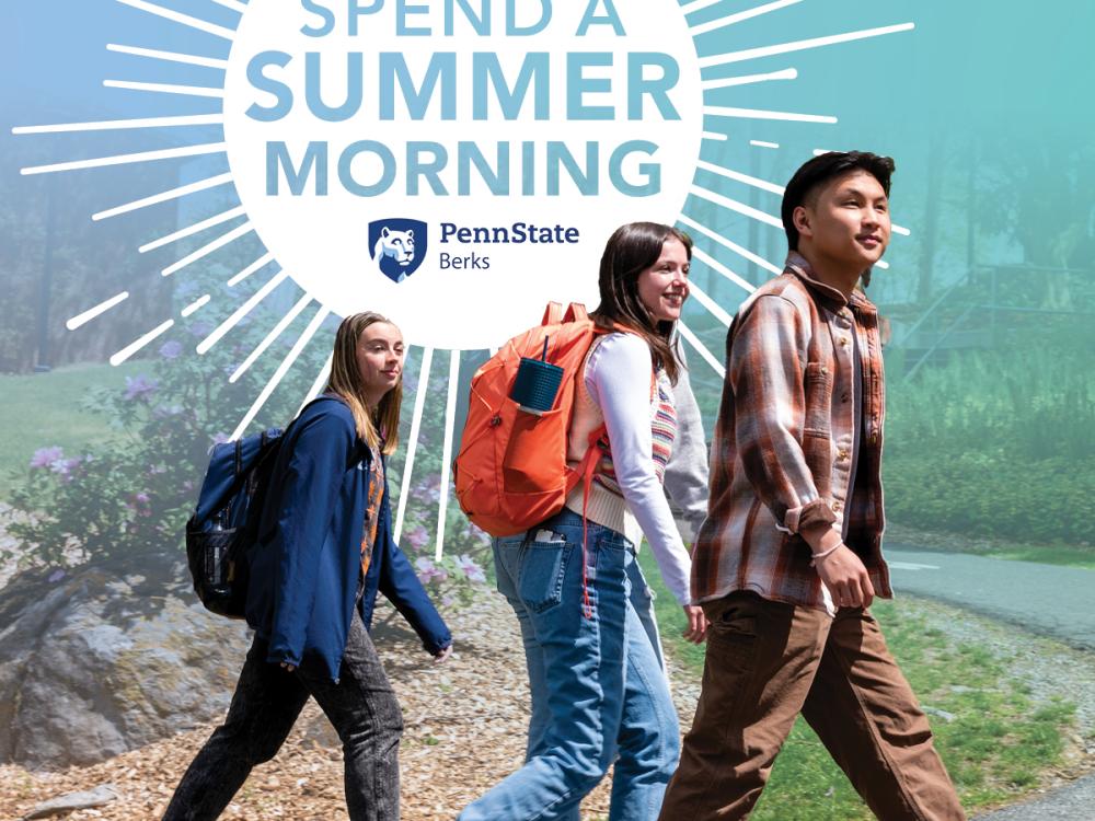 Students walk across campus with a logo reading "Spend a Summer Morning" appearing behind them.