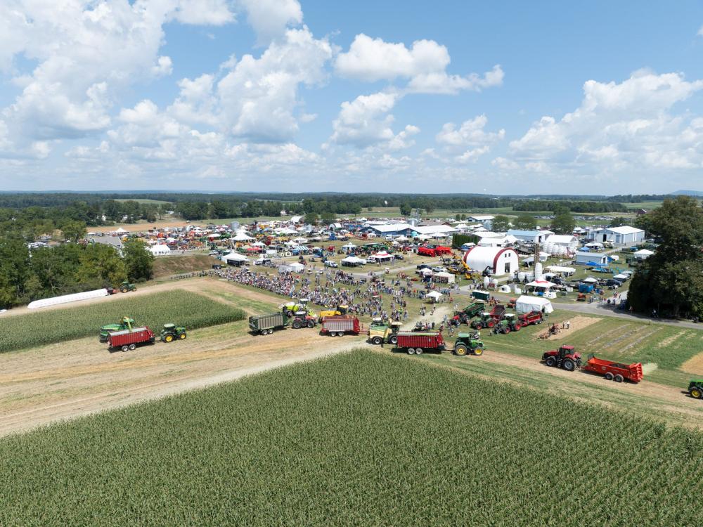 A crowd watches a 2025 Ag Progress Days field machinery demonstration