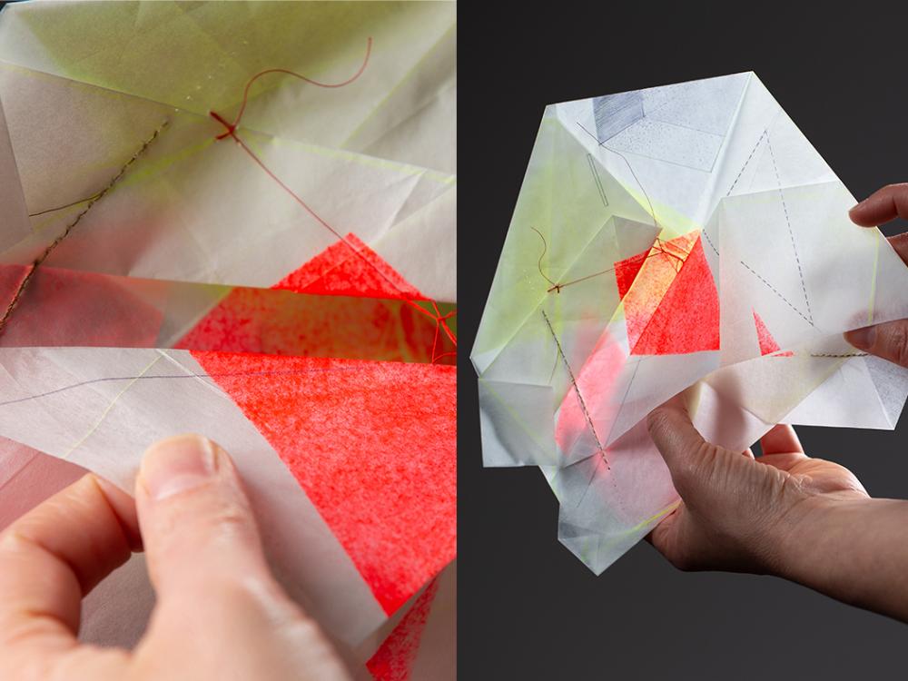 A split-screen image of a folded piece of paper in the style or origami.