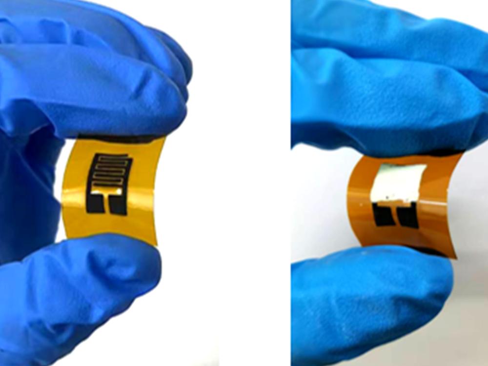 Two images of a sensor being bent by a hand.