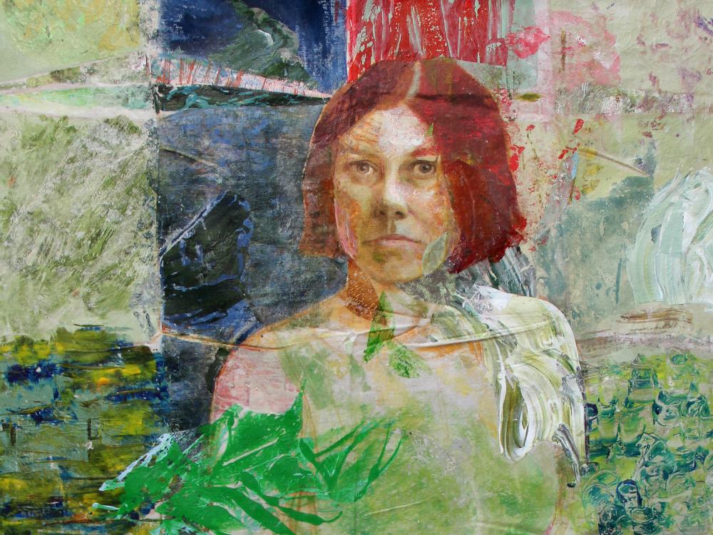 Abstract portrait of a woman with red hair, her face and body blending into layered brushstrokes of green, blue, and red textures.