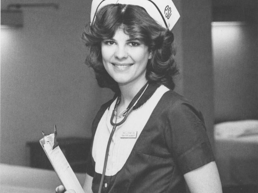 Leslie Treas, featured in the 1981 Penn State School of Nursing promotional brochure.