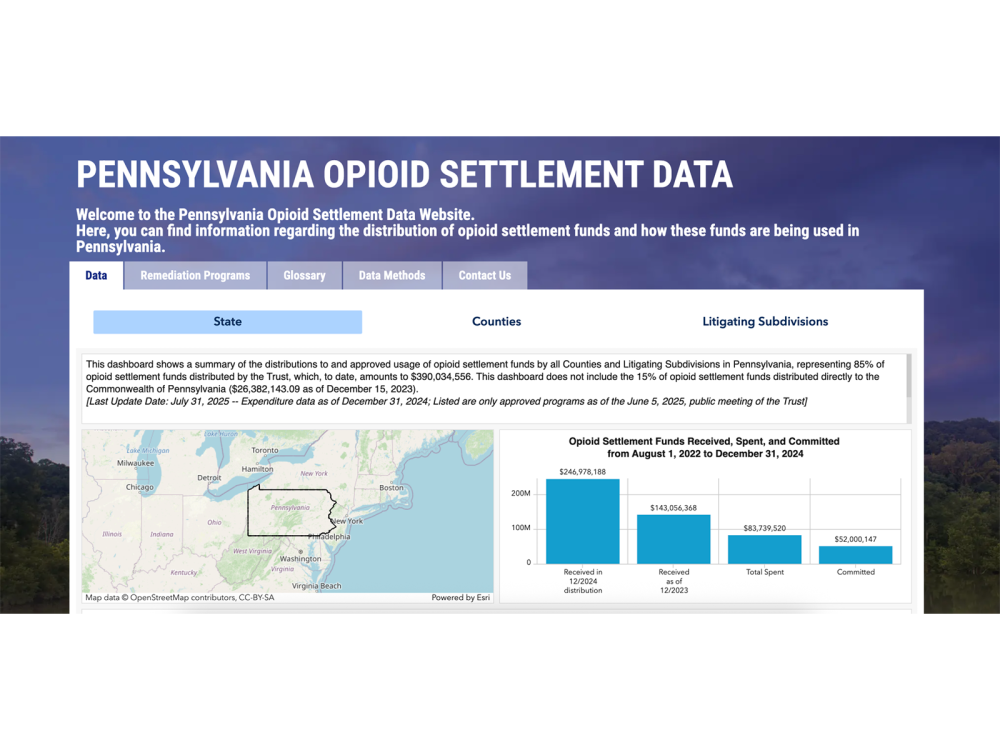 Screenshot of opioid funds website showing expenditures of opioid settlement funds in PA