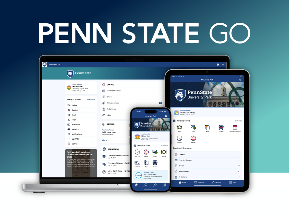 A computer, phone and tablet display the Penn State Go web version on their screens.