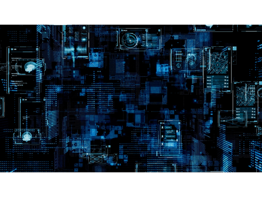 Black and navy blue outlines show imaging of brain and other scans, AI, and more.