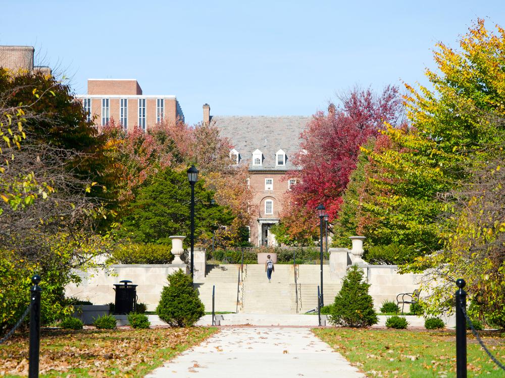 The walkway to West Halls Quad at Penn State University Park in the fall.