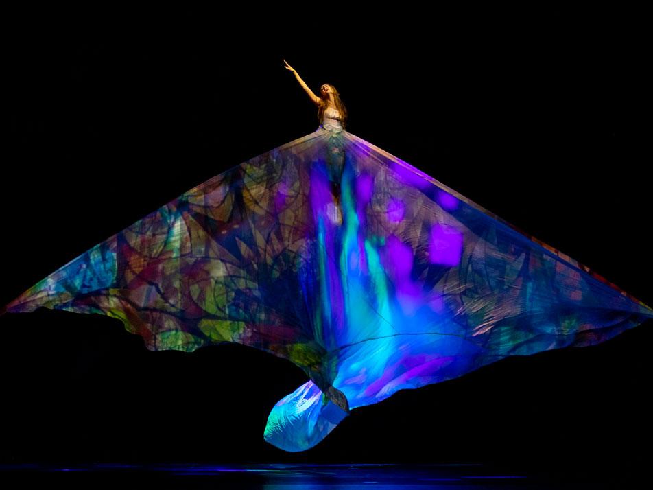 A dancer stands at the top of a tall screen resembling a dress.
