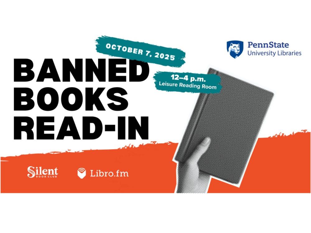 Banned Books Week Read-in graphic, hand holding a book with orange abd white background